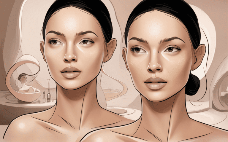 An illustration depicting two . Benefits of Professional Skin Care Treatments women with clear, radiant skin. They have dark hair styled in buns and are surrounded by abstract shapes and skincare product silhouettes, promoting the benefits of professional skin care treatments. Benefits of Professional Skin Care Treatments