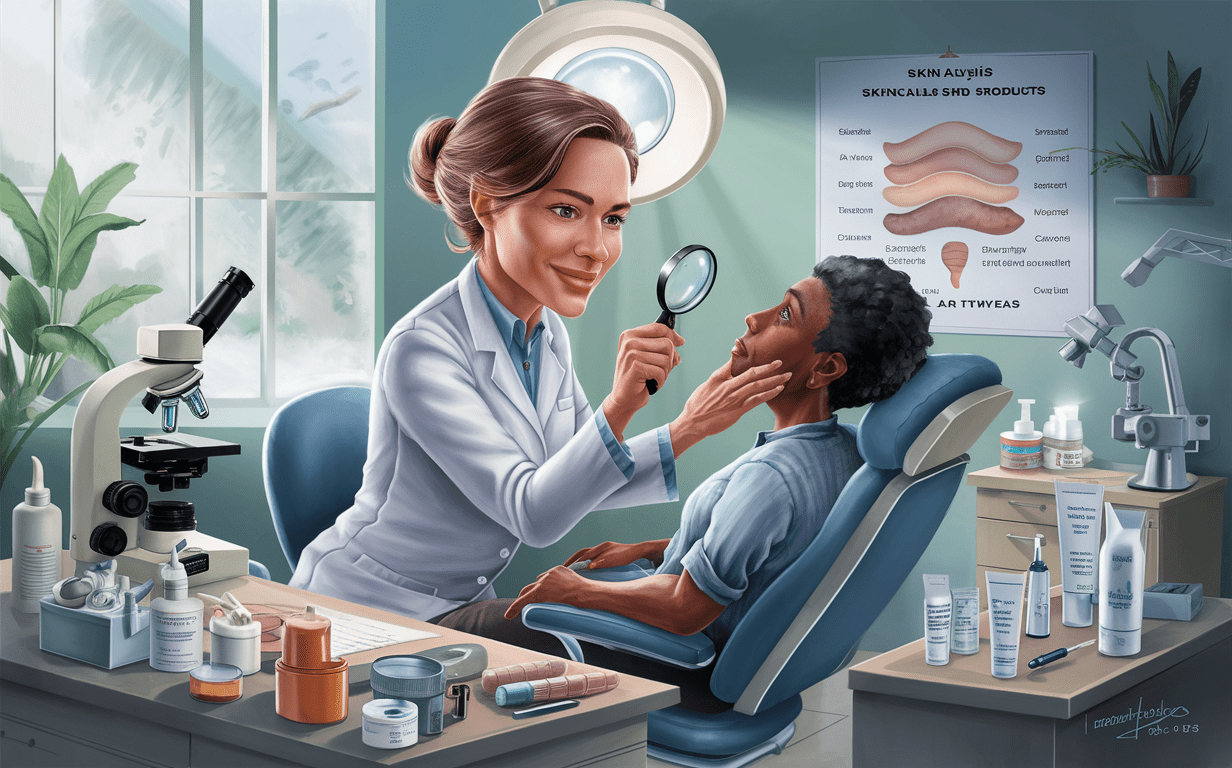 Dermatologist Examining Patient's Skin Condition An illustration of a dermatologist examining a patient's skin using a magnifying glass, with medical equipment and diagrams of skin anatomy in the background, suggesting addressing specific skin concerns and conditions.