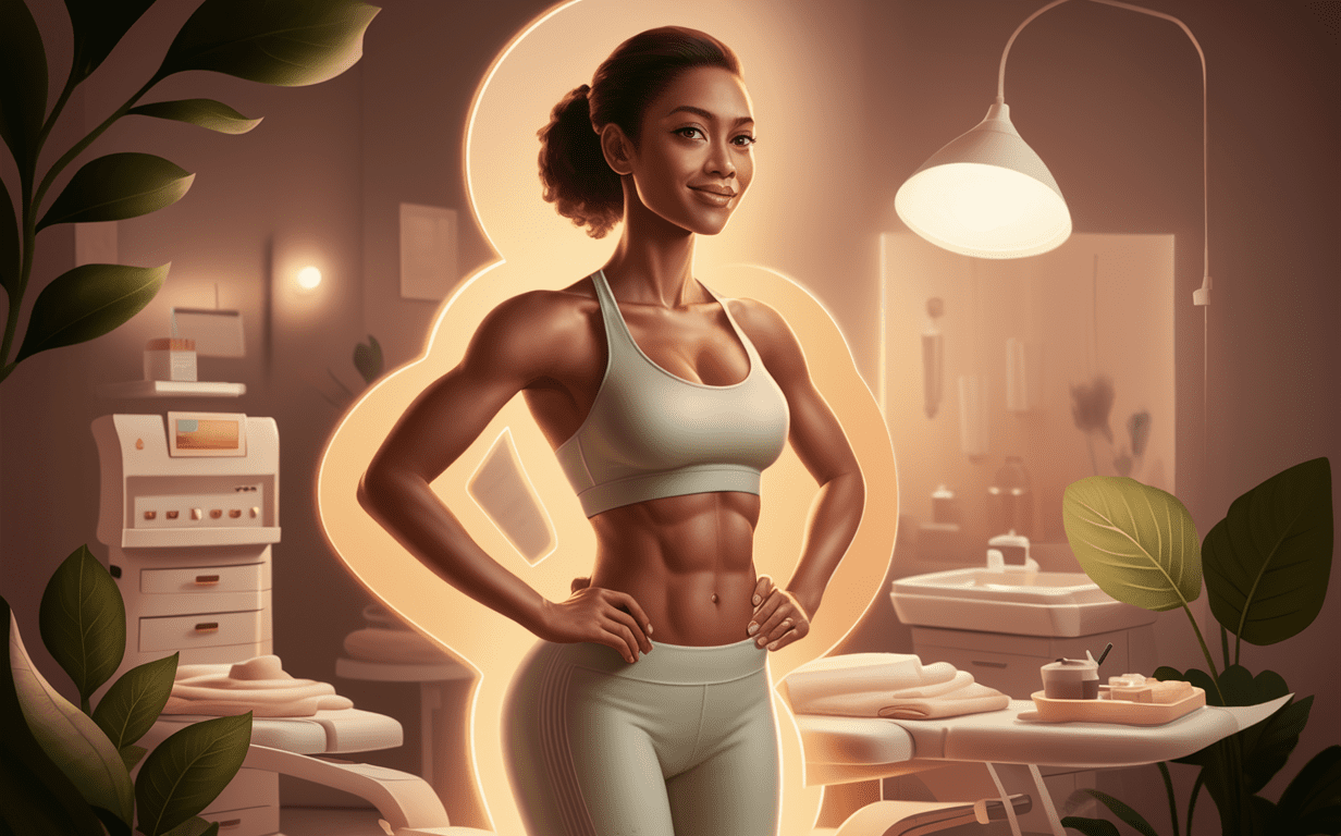 An athletic woman with toned abs and arms stands confidently in a home setting, showcasing the benefits of non-invasive body contouring treatments. personalized treatment plans for optimal weight loss results