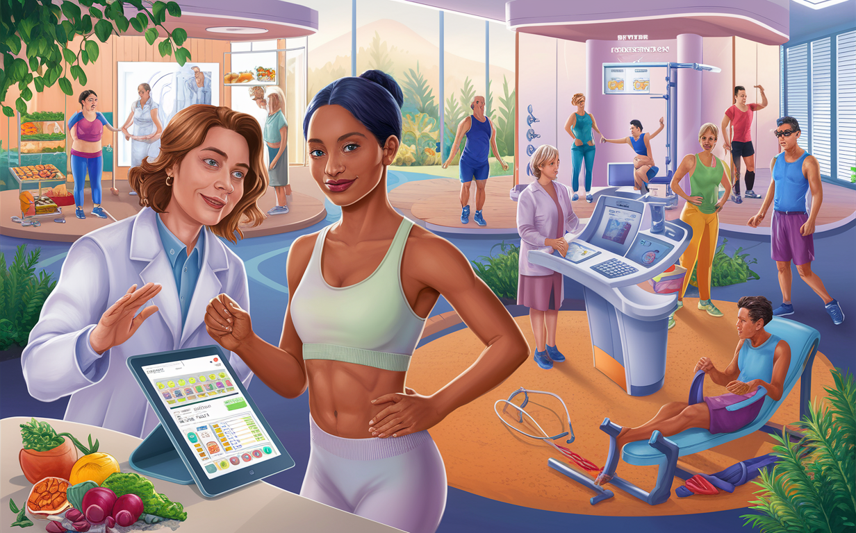 An illustration depicting a nutritionist guiding a client through a personalized nutrition plan for weight loss, with a gym environment in the background showing people exercising.