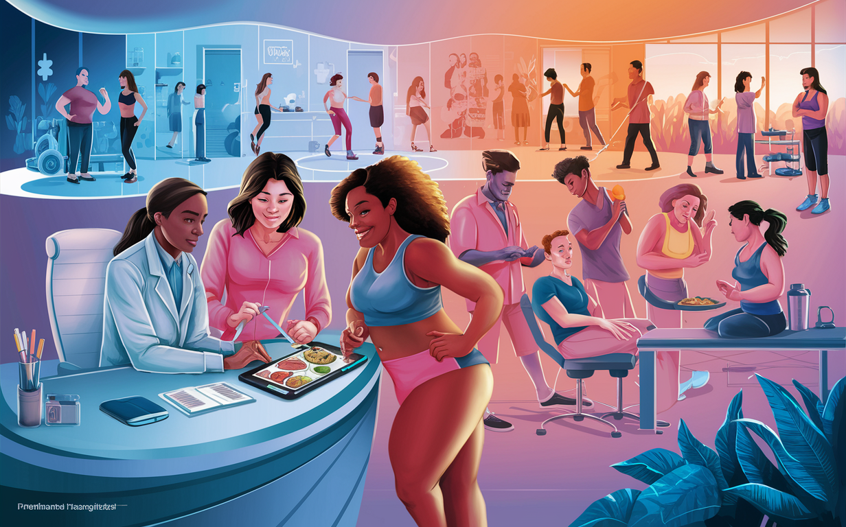 An illustration of a modern health center offering personalized weight loss treatment plans. Clients are seen consulting with healthcare professionals, exercising, and receiving guidance on nutrition and lifestyle changes.