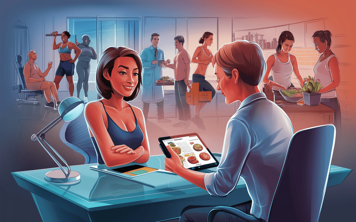 An illustration depicting a personalized weight loss program combining diet, exercise, and holistic well-being. A large golden key with a heart-shaped handle symbolizes unlocking success. Three diverse individuals in athletic wear stand confidently, surrounded by fruits, vegetables, and fitness equipment, representing a balanced lifestyle. Circular diagrams illustrate a comprehensive approach addressing various aspects of well-being.